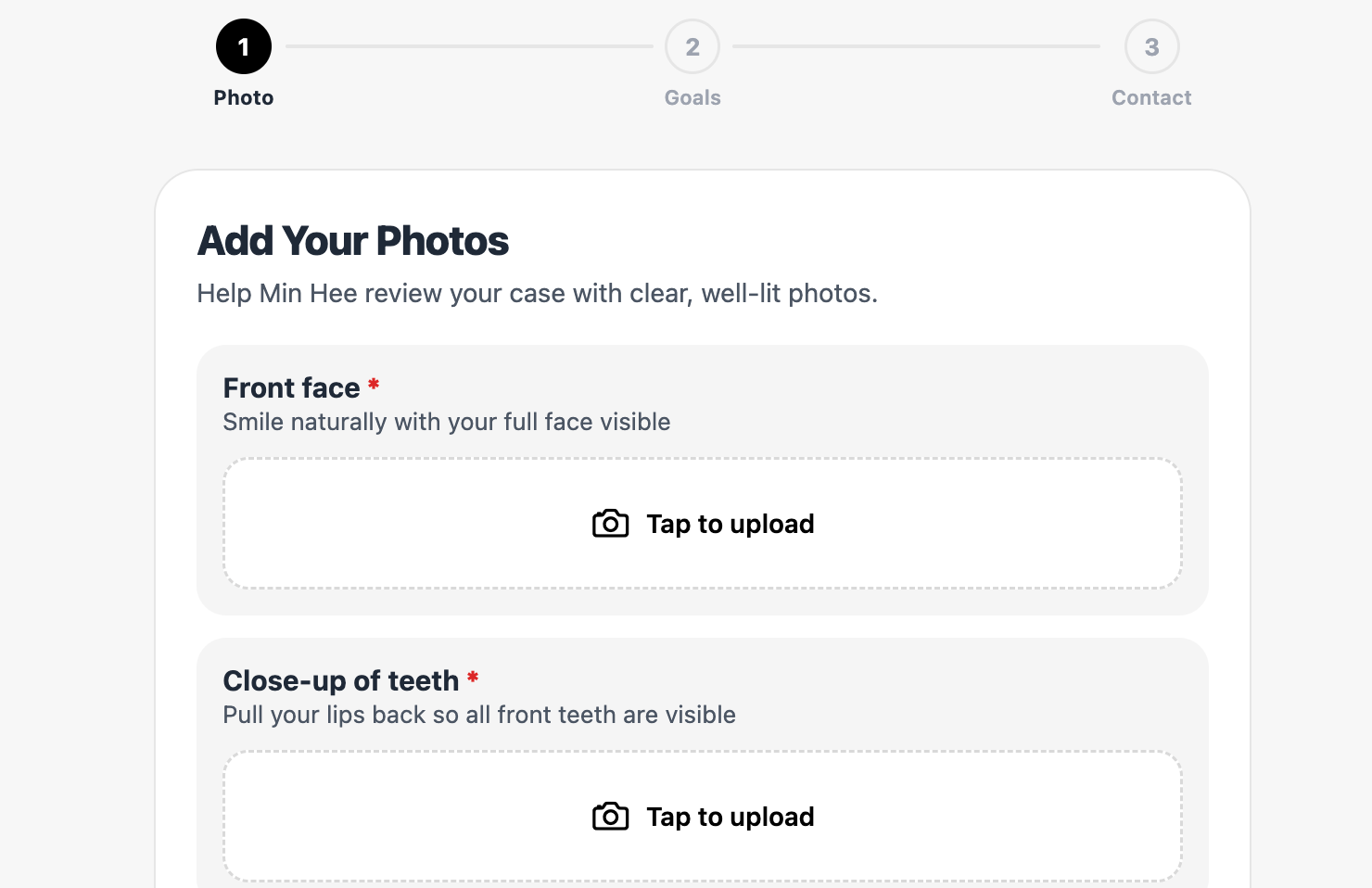 Virtual consultation photo-upload screen for a smile preview with Dr. Min Hee Oh