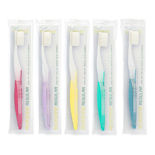 Five individually wrapped Nimbus Microfine Regular adult toothbrushes in assorted colors
